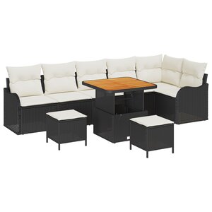 Ensemble de Canapé Jardin 9 Pièces avec Coussins Noir Poly Rattan Acacia