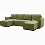 Canapé d'angle convertible panoramique PHAREL5/6 places - Tissu olive - Coffre de rangement - 297 x 155 x 85 cm