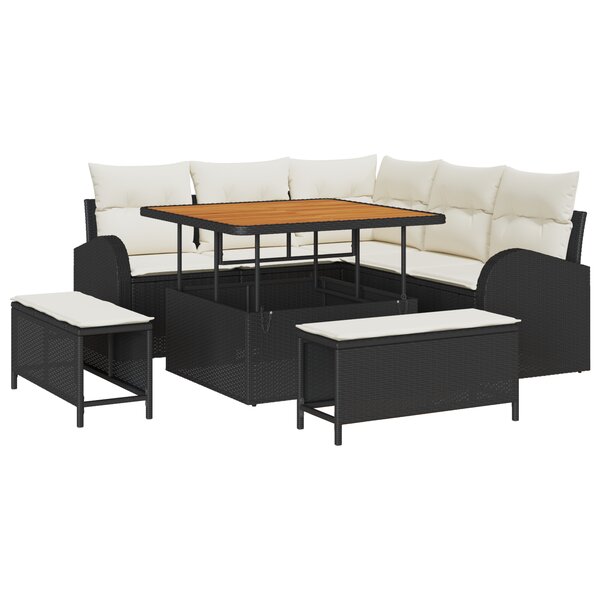 Set de Canapé de Jardin 8 Pièces avec Coussins Rattan Poly Noir Acacia