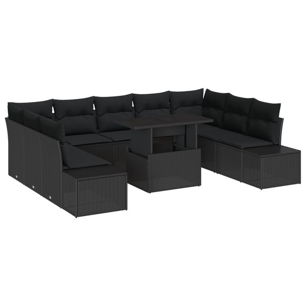 vidaXL Ensemble de canapé de jardin 10 pièces avec coussins en poly rattan noir