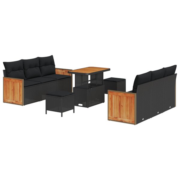 Ensemble de Canapé de Jardin de 9 Pièces avec Coussins Noir Rattan Acacia