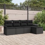 Ensemble de canapé de jardin 5 pièces noir avec coussins en Rotin Poly