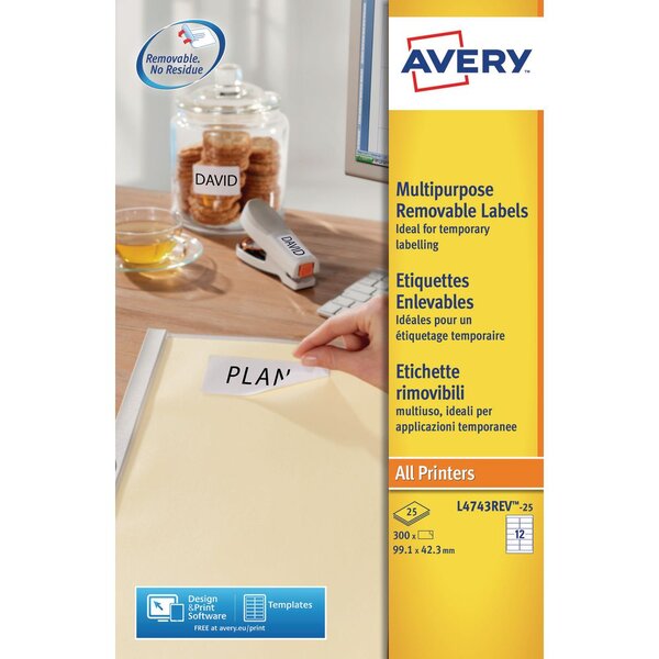 Étiquettes amovibles multi-usage pour imprimantes, 99,1 x 42,3 mm, 25 feuilles, 12 étiquettes par feuille, auto-adhésives, blanc (paquet 300 unités)