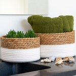 2 paniers ronds en coton et jonc de mer blanc et marron