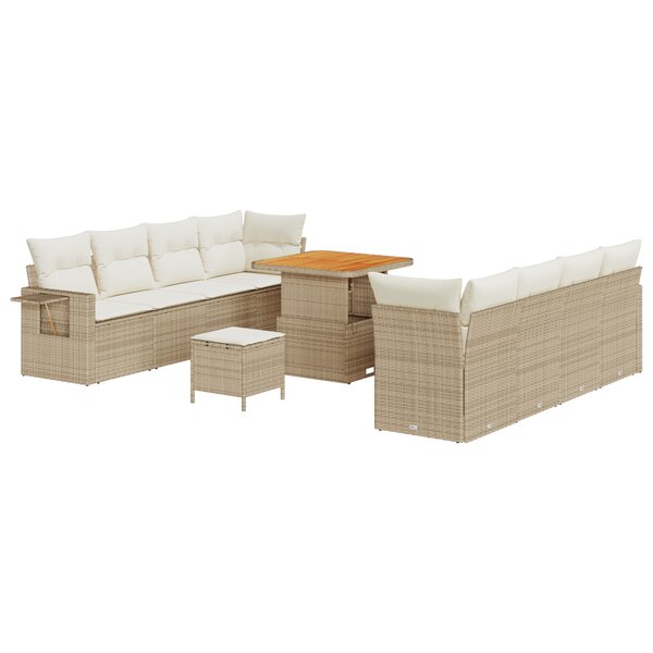 Ensemble de canapé de jardin 11 pièces avec coussins en rotin poly beige acacia