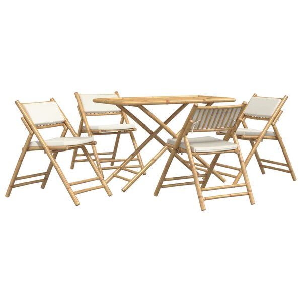 vidaXL Ensemble de bistro pliante 5 Pièces et coussins blanc crème bambou