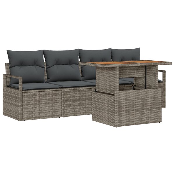 Ensemble de 5 Canapés de Jardin avec Coussins Gris Poly Rattan Acacia