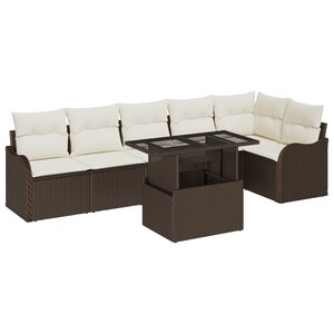 Ensemble de canapé de jardin 7 pièces avec coussins marron en poly rotin