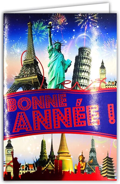 Lot 10 cartes avec enveloppe - bonne année monuments feu d'artifice paillettes