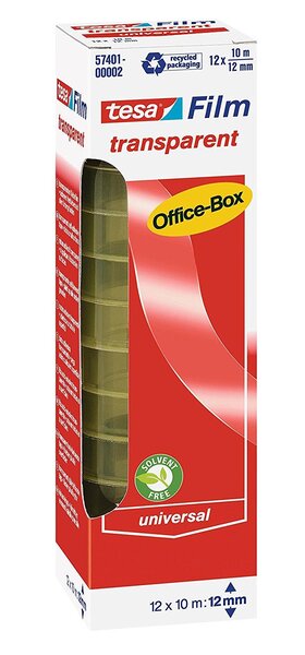 Pack de 12 Rubans adhésif transparent film 12 mm x 10 m TESA