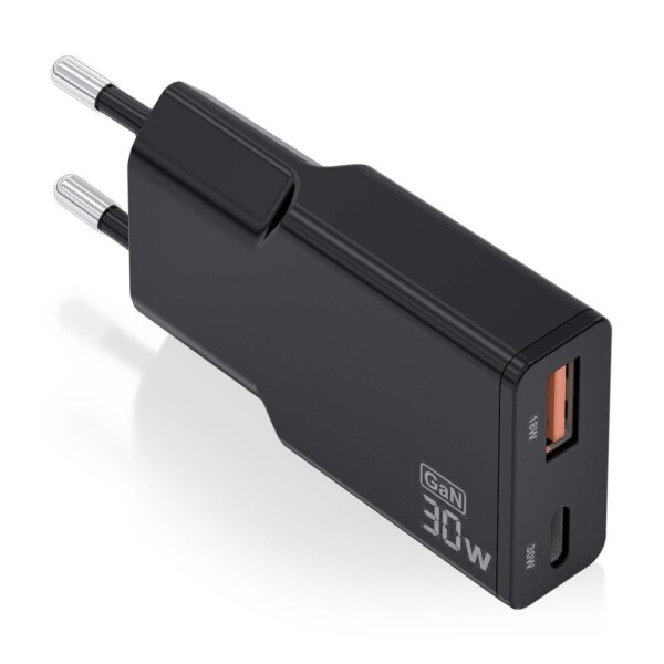 Chargeur GaN ultra fin Aisens 30 W - 1 x USB-C PD3.0 QC4.0 - 1 x USB-A QC3.0 - Noir
