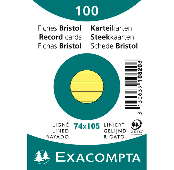 Paquet de 100 Fiches Bristol A7 jaune ligné s/s film EXACOMPTA