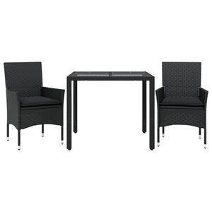 vidaXL Ensemble à manger de jardin et coussins 3 Pièces noir rotin verre