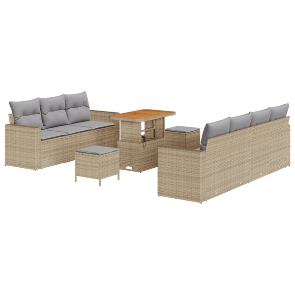 Set de canapé de jardin 10 pièces avec coussins beige rattan poly acacia