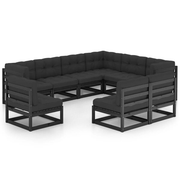 vidaXL Salon de jardin 9 Pièces avec coussins noir bois de pin massif