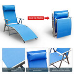 Outsunny transat chaise longue bain de soleil pliable dossier inclinable multi-positions têtière fournie 137L x 64l x 101H cm métal époxy textilène bleu