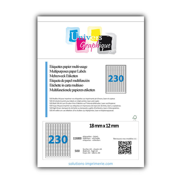 Lot de 500 planches a4 de 230 étiquettes à bords ronds 18 x 12 mm en papier blanc 70g/m² multifonction