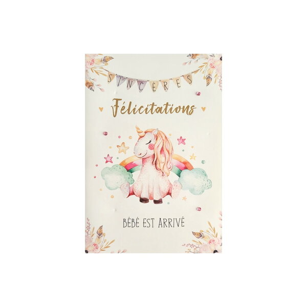 Carte de voeux - naissance - sincères félicitations - bébé est arrivé - licorne