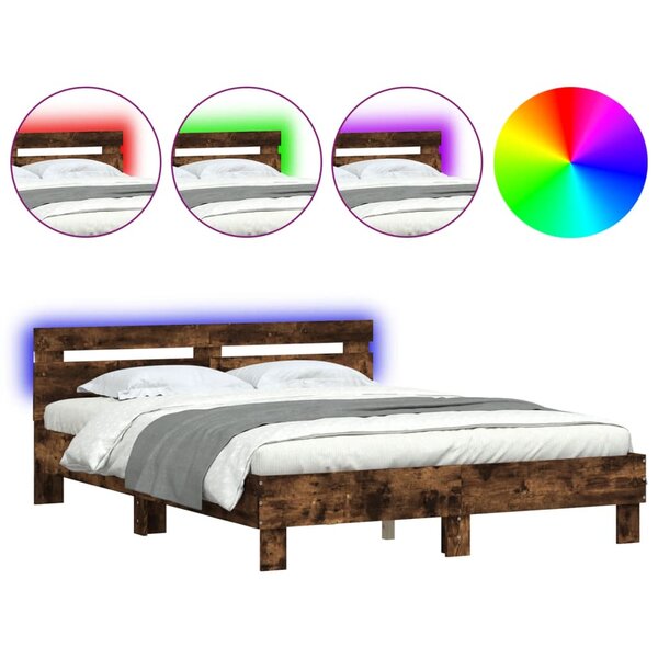 vidaXL Cadre de lit avec tête de lit et LED chêne fumé 150x200 cm
