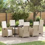 Ensemble de salle à manger de jardin 7 pièces avec coussins beige en rotin