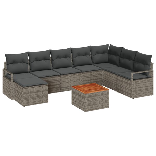 Ensemble de canapé de jardin 9 pièces avec coussins gris en rotin synthétique acacia