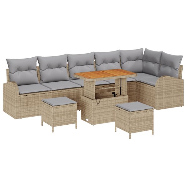 Canapé de Jardin 9 Pièces avec Coussins Beiges Poly Rattan Acacia