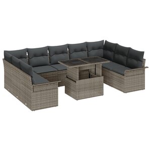 vidaXL Ensemble de 10 pièces avec coussins en rattan poly gris