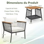 Ensemble 3 pièces salon en rotin avec table basse à 2 niveaux accoudoirs et plateau de table en bois d'acacia coussins de siège blanc 20_0008437