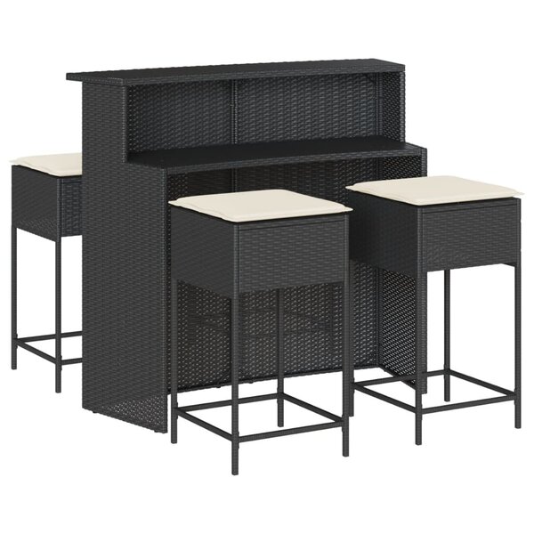 vidaXL Ensemble de bar de jardin 5 Pièces avec coussins noir poly rotin