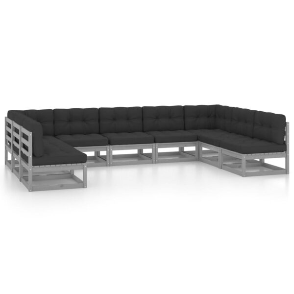 vidaXL Salon de jardin 9 Pièces avec coussins Gris Bois de pin massif