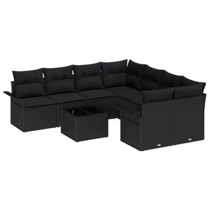 Ensemble de canapé de jardin 9 pièces avec coussins en poly rattan noir