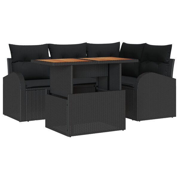 vidaXL Set de salle à manger de jardin 5 pièces avec coussins noirs en poly rotin