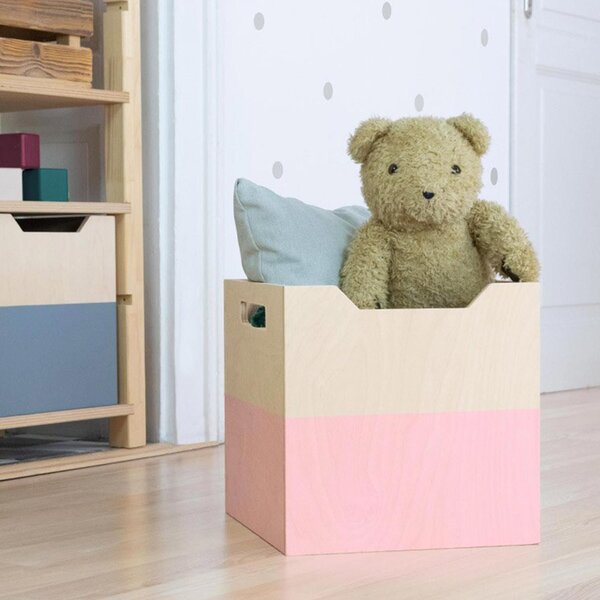 Boîte de rangement bois modèle 4 - poignées - Rose et bois naturel - 33 x 33 x 37 cm