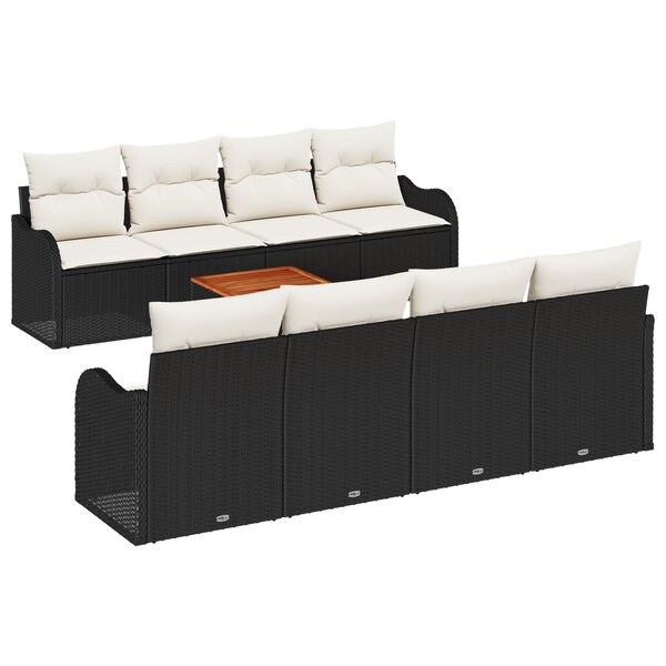 Ensemble de canapé de jardin 9 pièces avec coussins en poly rotin noir acacia