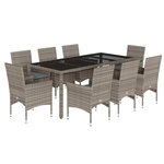 vidaXL Ensemble à manger de jardin et coussins 9 Pièces gris rotin verre