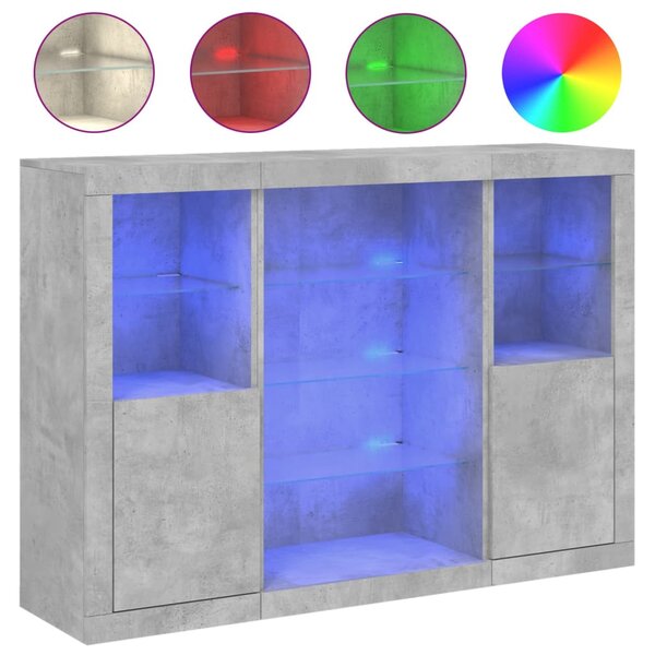vidaXL Buffets avec lumières LED 3 Pièces gris béton bois d'ingénierie