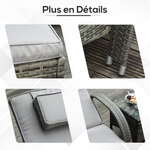 Lot de 2 transats bains de soleil grand confort : matelas  têtière  inclinaison réglable multipostions  accoudoirs  roulettes + table basse verre trempé résine tressée grise