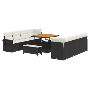 Ensemble de Canapés de Jardin 11 Pièces avec Coussins Noir Rattan Poly Acacia