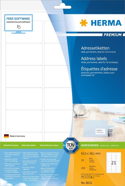 Bte 210 etiquettes premium sur 10 feuilles a4 63,5 x 38,1 mm, blanc herma