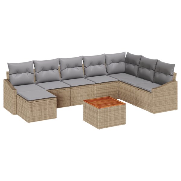 vidaXL Ensemble de canapés de jardin 9 pièces avec coussins Beige Rotin Poly Acacia