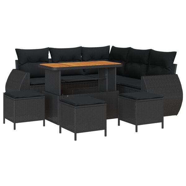 Ensemble de canapés de jardin 9 pièces avec coussins en poly rotin noir et acacia