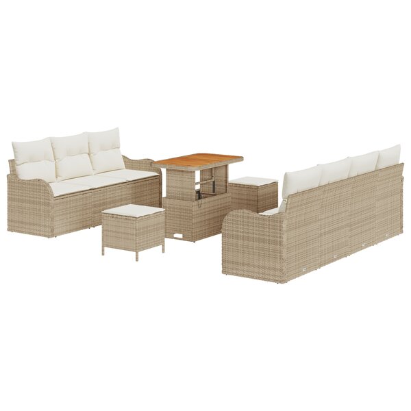 Ensemble de canapé de jardin 10 pièces avec coussins beige poly rattan acacia