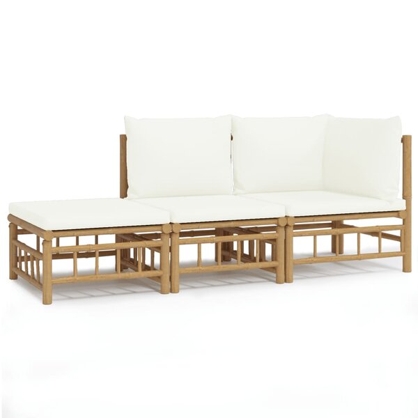 vidaXL Salon de jardin 3 Pièces avec coussins blanc crème bambou