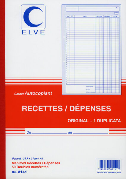 Manifold autocopiant recette/dépense Format 21x29,7cm 50 feuillets dupli ELVE