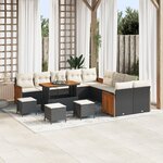Set de canapés de jardin vidaXL 14 pièces avec coussins Noir Poly Rotin Acacia