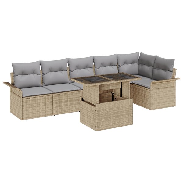 vidaXL Ensemble de Canapé de Jardin 7 Pièces avec Coussins Beige Rattan Poly