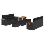 Ensemble de canapé de jardin 9 pièces avec coussins en rotin noir et bois d'acacia