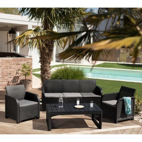ALLIBERT by KETER - Salon de jardin SanRemo Lyon 5 places - table basse 2 positions - imitation rotin tressé - gris graphite