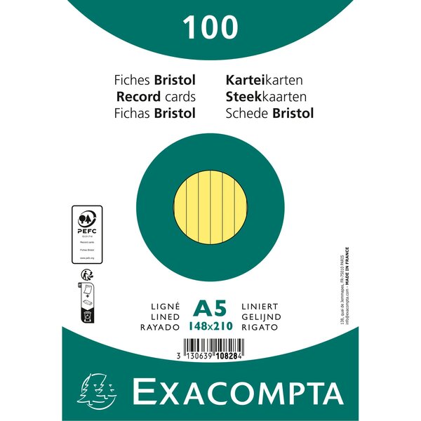 Paquet 100 Fiches Sous Film - Bristol Ligné Non Perforé 148x210mm - Jaune - X 10 - Exacompta