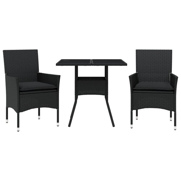 vidaXL Ensemble à manger de jardin et coussins 3 Pièces noir rotin verre